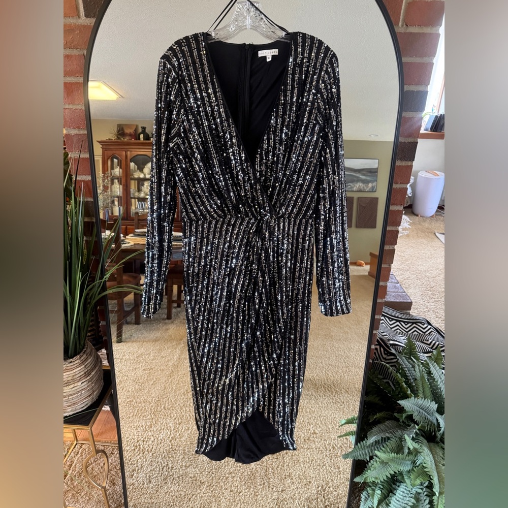 Elegant Black and Silver Sequin Striped cocktail Dress